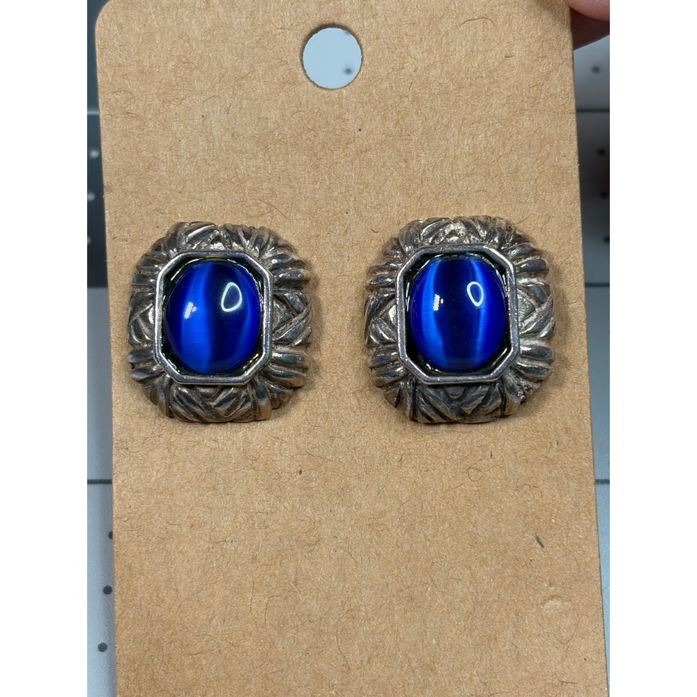 Vintage Blue Cats Eye Stud Earrings Antiqued Mexico Sterling Silver 925